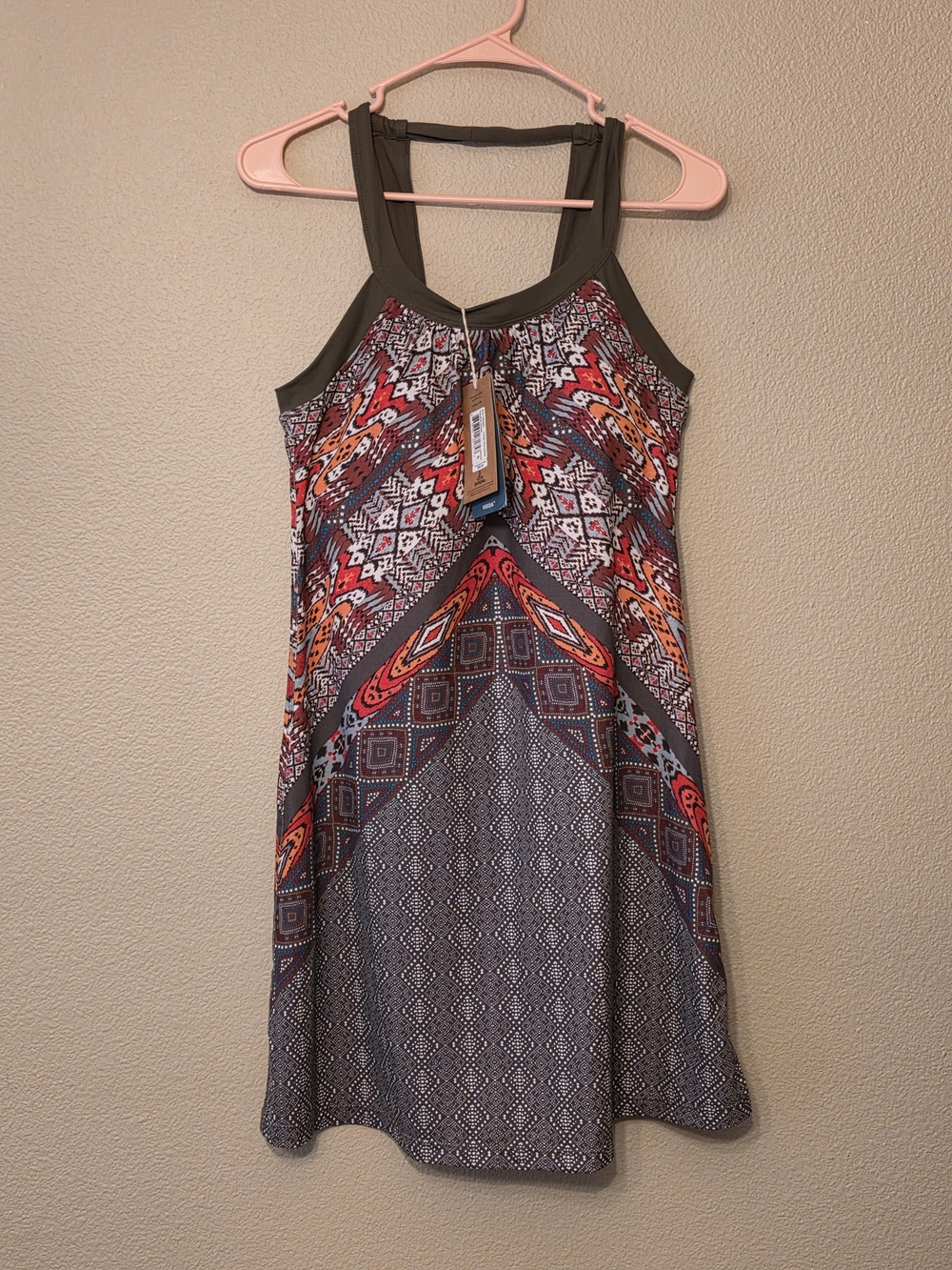 NWT Prana Sleeveless Mini Dress in Olive, Red and Orange Geometric Print